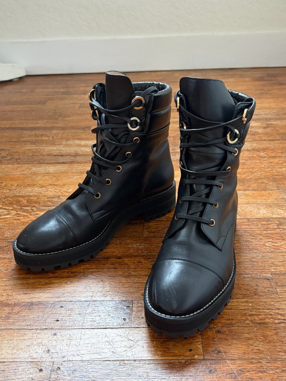 Stuart Weitzman Size 9 Black Leather Lexy Combat Boots